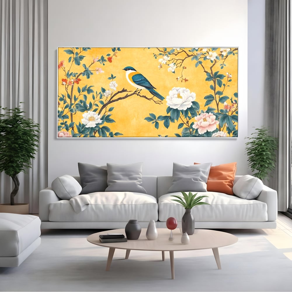Tablou canvas cu tablou canvas cu pasare pe creanga si bujori, in rama de aluminiu argintiu, pe perete intr-un living